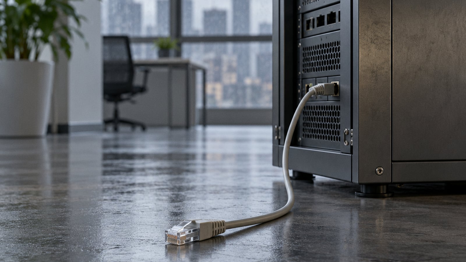 An unplugged cable lies beside a server cabinet with one connection still in place.